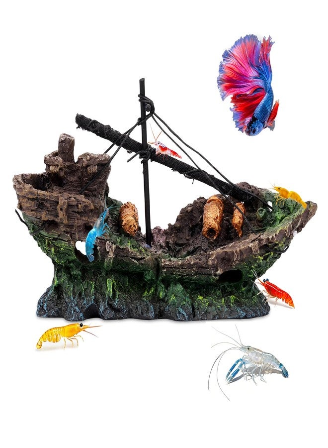 Hygger CO2 Big Ship Aquarium Decoration Resin - Large Weathered Sunken Shipwreck with Small Hole,Centerpiece for Fish Tank - Approx. 10" L x 4.5" W x 5.3" H(Big Ship) - Image 1